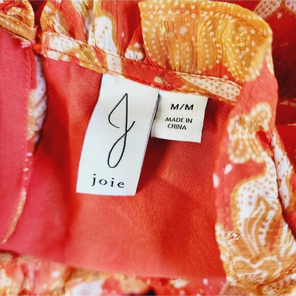 JOIE BOHO RUFFLE FORAL ORANGE RUST AND CREAM BLOUSE SIZE MED - Picture 5 of 6